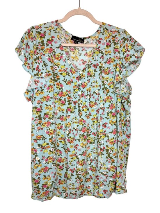 Suzanna Betro Tops - Suzanne Betro Blue Floral Boho Cottagecore Flutter Sleeve Blouse 3X